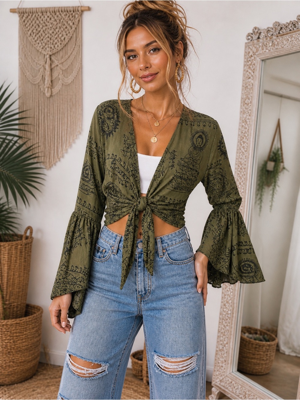 Tie-Front Olive Green Crop Top with Bell Sleeves